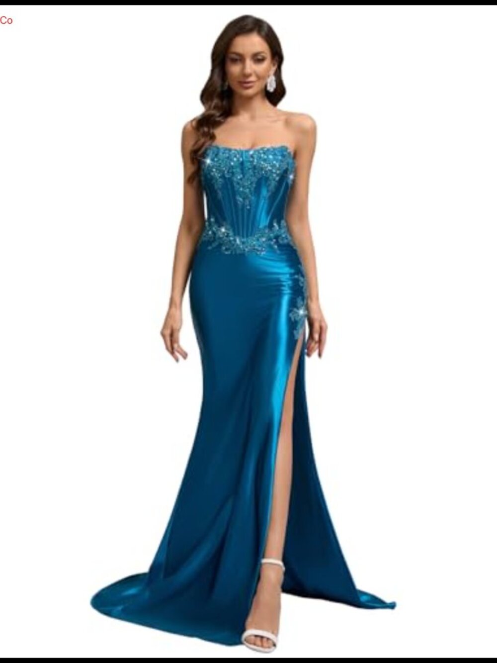 Satin Strapless Mermaid Prom Dress with Side Slit Lace Appliques Maxi Formal